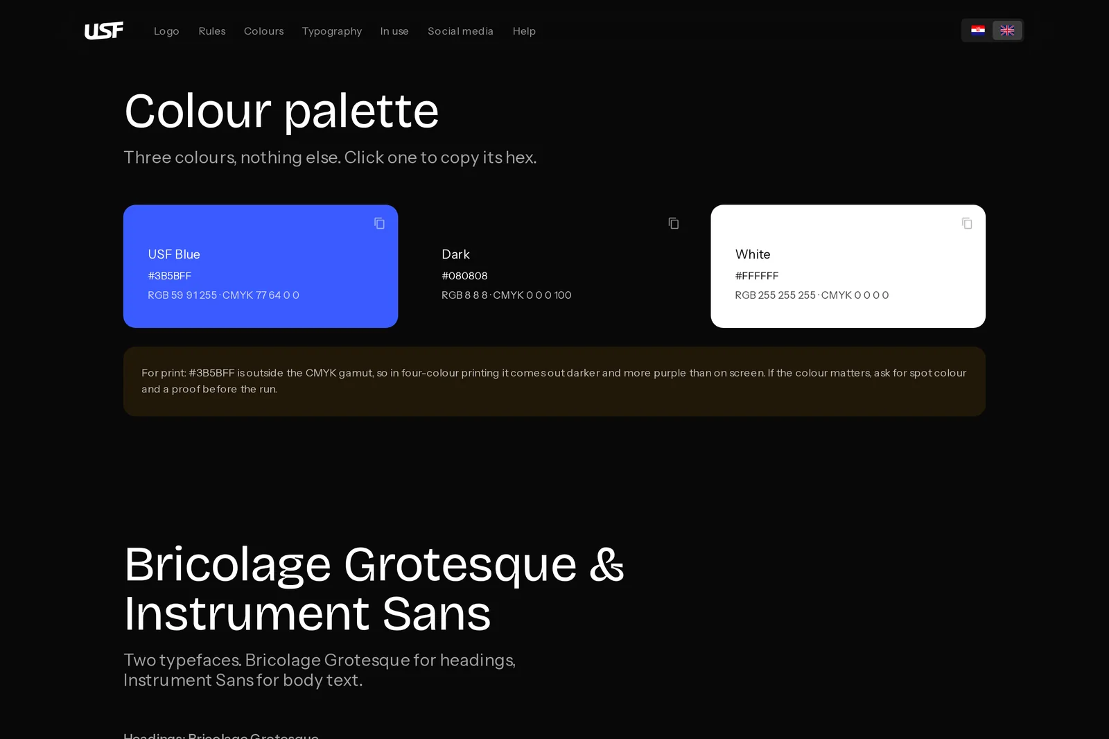 USF brand guidelines, three-colour palette with print warning